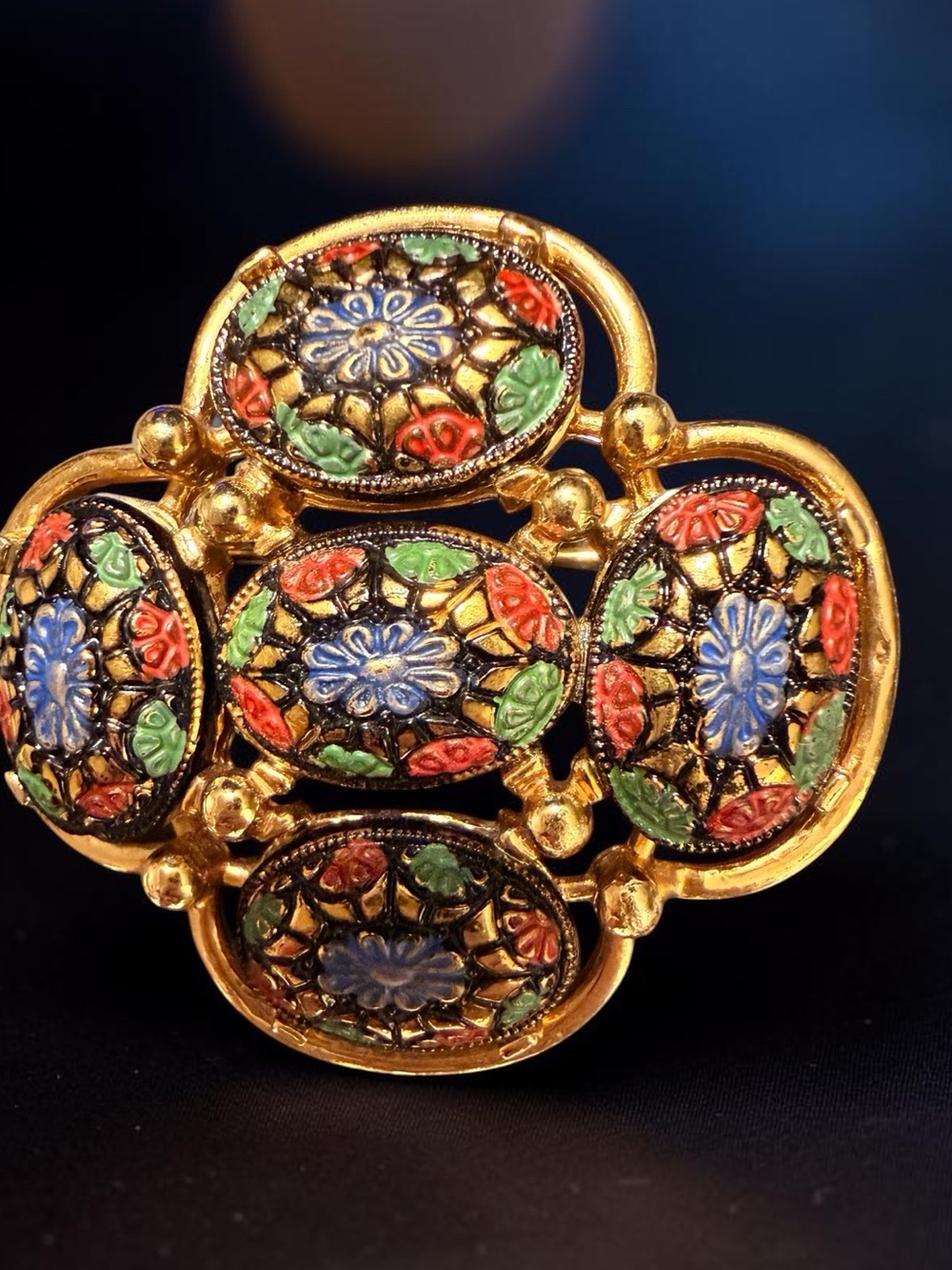 Sarah Coventry Hand Painted Gold-Tone Floral Enamel Brooch - Blue, Red, Green - Picture 1 of 11